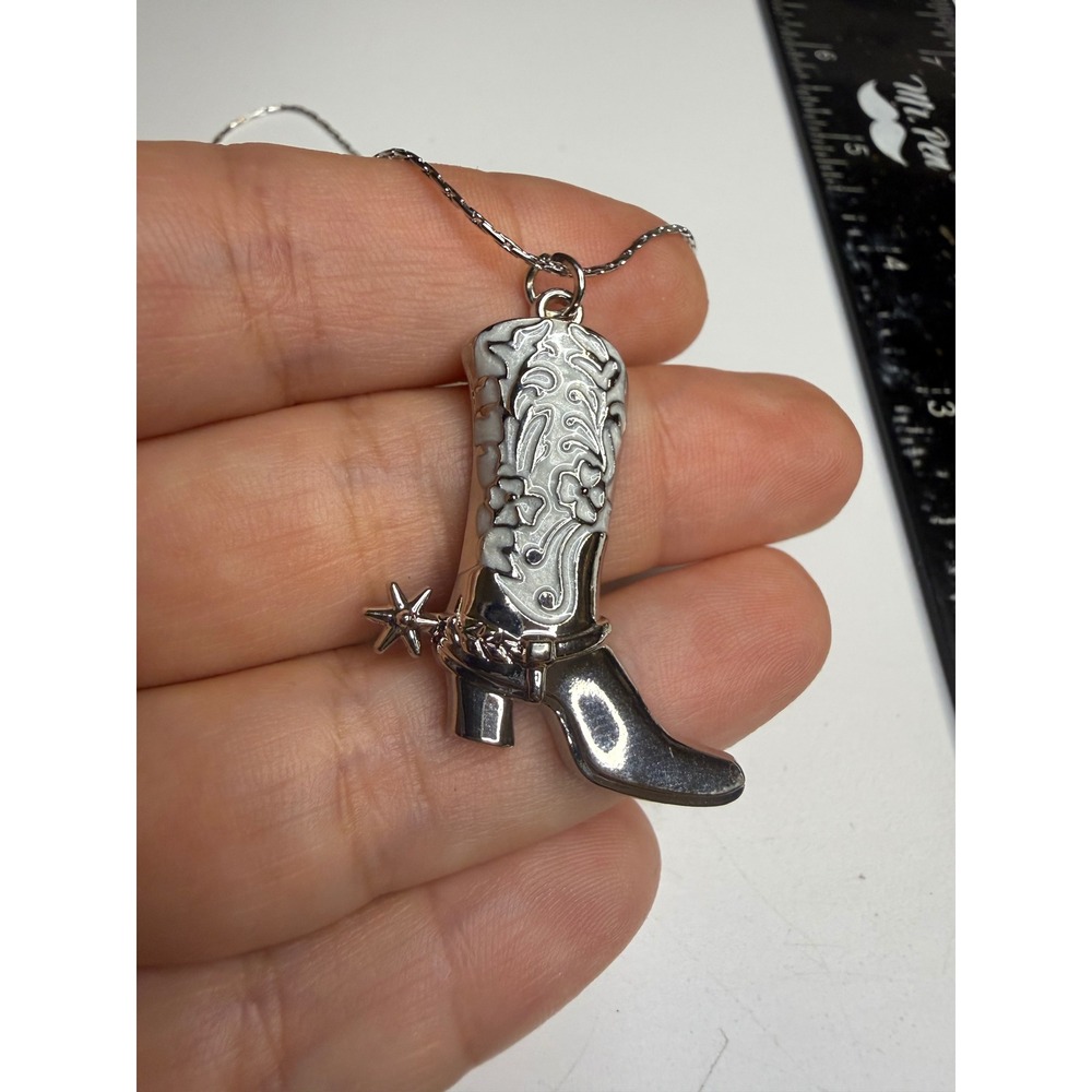 Silver Tone Western Cowboy Boot Pendant Necklace White Enamel Floral Spur Detail